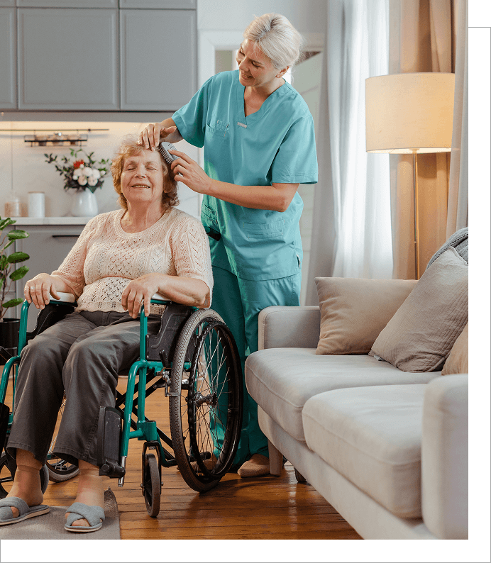 h1 (1) A woman in a wheelchair with a nurse.
