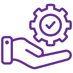 i1 A purple hand holding a gear with a check mark on it.