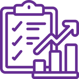 i2 A purple line drawing of a clipboard and bar graph.